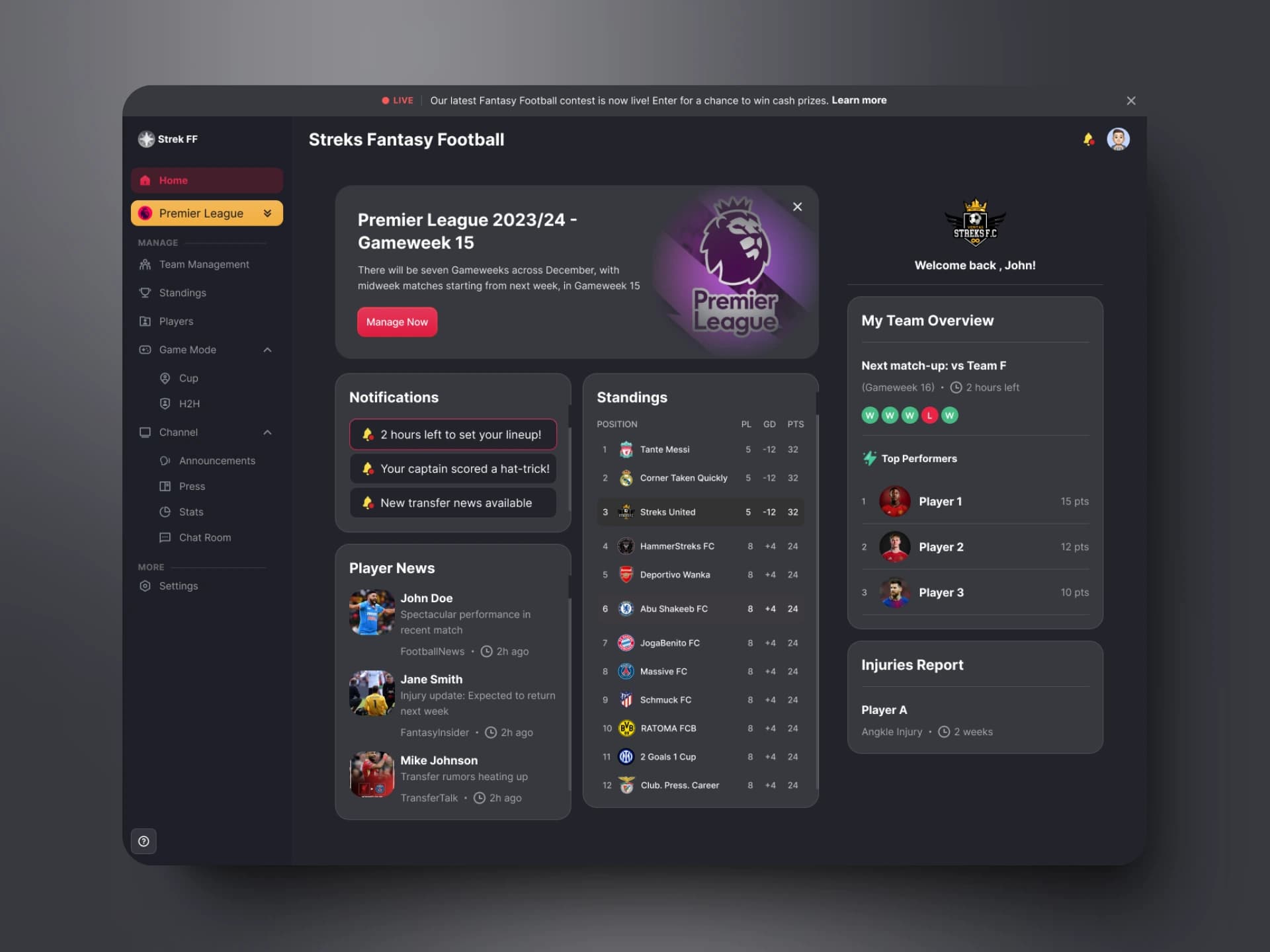Fantasy Sports Management Dashboard
