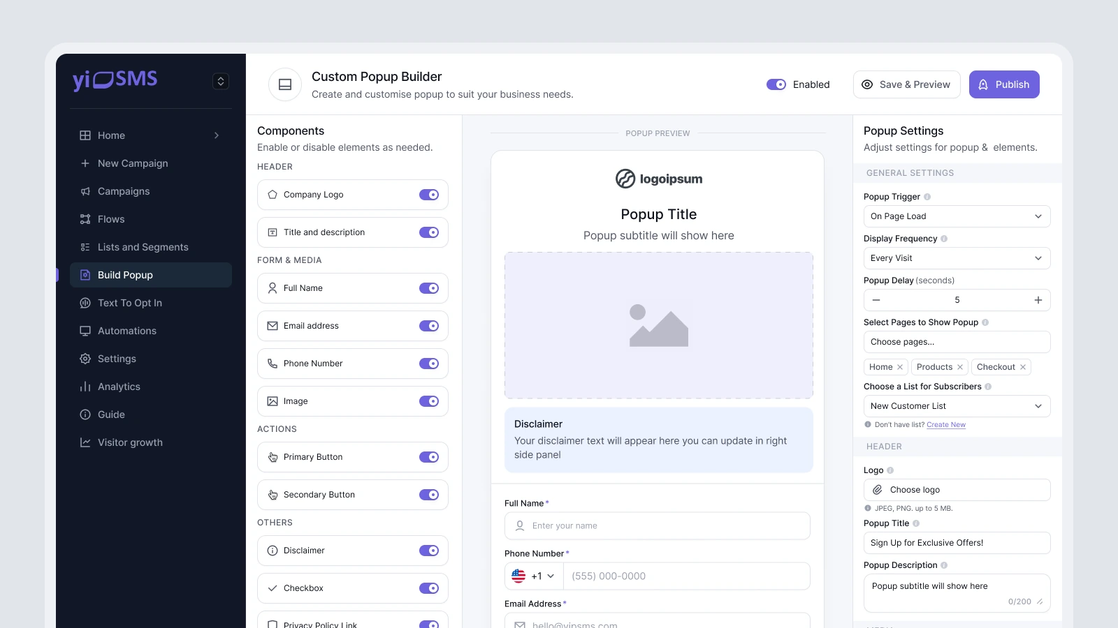 YiSMS Popup Builder